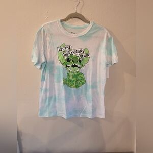 NWT Disney Blue and White Tie Dye Stitch St. Patricks Day Graphir Shirt - S 4/6